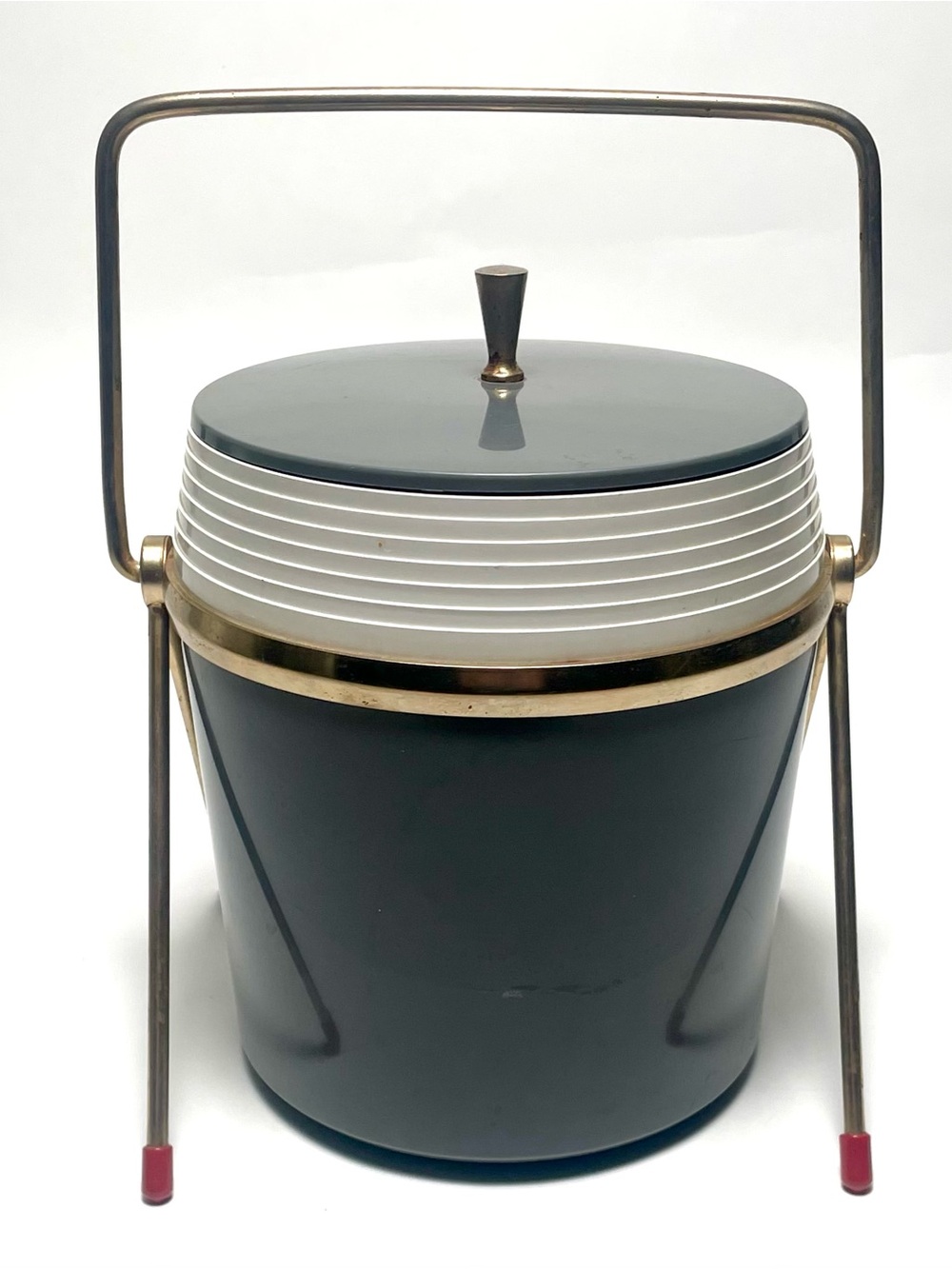 Vintage Mid Century Modern Charcoal Grey Ice Bucket & Metal Caddy Stand Legs